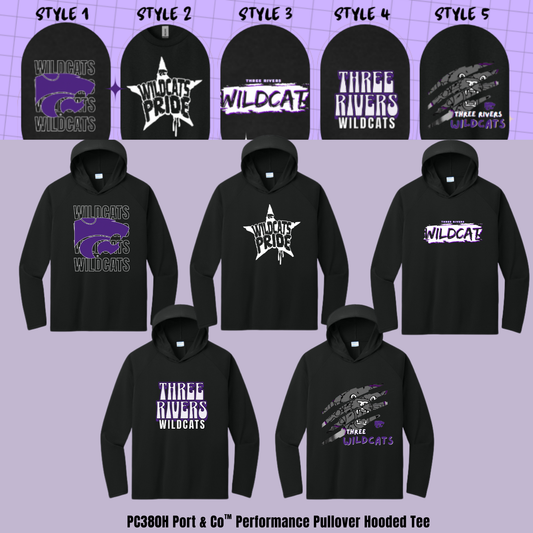 ADULT & YOUTH Black Three Rivers Wildcats PC380H Port & Co™ Performance Pullover Hooded Tee