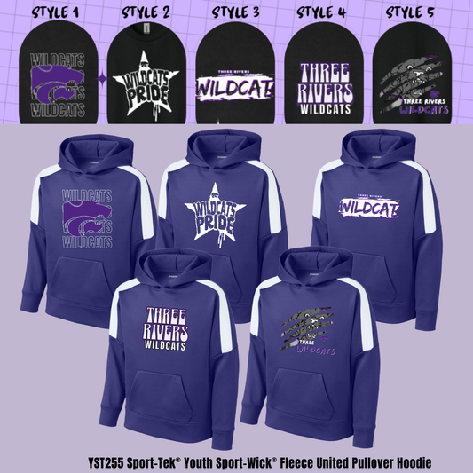 ADULT & YOUTH Purple or Purple Three Rivers Wildcats ST255 Sport-Tek® Sport-Wick® Fleece United Pullover Hoodie