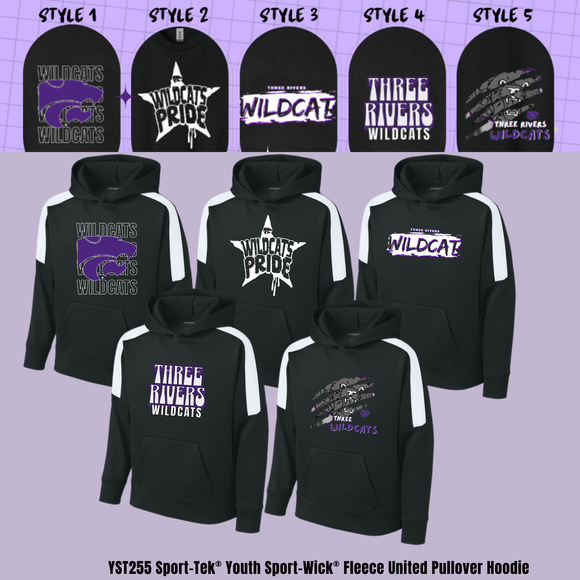 ADULT & YOUTH Purple or Purple Three Rivers Wildcats ST255 Sport-Tek® Sport-Wick® Fleece United Pullover Hoodie