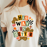 A 3x3 collage showing a woman wearing different printed white T-shirts. Each shirt features a colorful inspirational Bible verse or quote design, including references to Chosen, Trust, His Way Is Better, Jesus Made Me A Teacher, Psalm 23 Shepherd, and other verses.