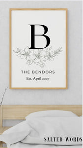 Family Name Sign / Personalized Printed Wood Monogram Family Name Sign With Established Date / Floral Modern Name Sign - Salted Words, LLC