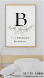 Family Name Sign / Personalized Printed Wood Monogram Family Name Sign With Established Date / Floral Modern Name Sign - Salted Words, LLC