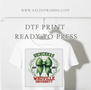 Grinchmas Croquette bow whoville university DTF print transfer Ready to Press