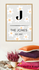 Family Name Sign / Personalized Printed Wood Monogram Family Name Sign With Established Date / Floral Modern Name Sign / Daisy Sign - Salted Words, LLC