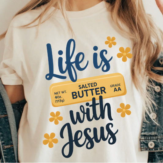 A 3x3 grid showing nine different women's graphic t-shirt color options, featuring slogans like 'Coffee & Jesus', 'Life is Sweet BUTTER with Jesus', and 'SIMPLY Blessed'.