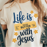 A 3x3 grid showing nine different women's graphic t-shirt color options, featuring slogans like 'Coffee & Jesus', 'Life is Sweet BUTTER with Jesus', and 'SIMPLY Blessed'.
