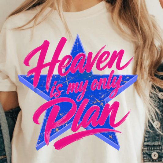 A 3x3 collage showing the same graphic T-shirt design worn by three models, each panel featuring a different base shirt color: off-white/cream, dusty pink, and charcoal gray. The shirts all display large decorative text and star graphics, with the center panel reading 'Heaven is my only Plan' and the surrounding panels including 'She is a Teacher' and 'Made for more' text.