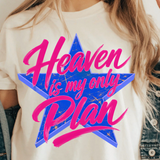 A 3x3 collage showing the same graphic T-shirt design worn by three models, each panel featuring a different base shirt color: off-white/cream, dusty pink, and charcoal gray. The shirts all display large decorative text and star graphics, with the center panel reading 'Heaven is my only Plan' and the surrounding panels including 'She is a Teacher' and 'Made for more' text.