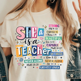 A 3x3 collage showing the same graphic T-shirt design worn by three models, each panel featuring a different base shirt color: off-white/cream, dusty pink, and charcoal gray. The shirts all display large decorative text and star graphics, with the center panel reading 'Heaven is my only Plan' and the surrounding panels including 'She is a Teacher' and 'Made for more' text.