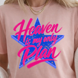 A 3x3 collage showing the same graphic T-shirt design worn by three models, each panel featuring a different base shirt color: off-white/cream, dusty pink, and charcoal gray. The shirts all display large decorative text and star graphics, with the center panel reading 'Heaven is my only Plan' and the surrounding panels including 'She is a Teacher' and 'Made for more' text.
