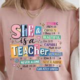 A 3x3 collage showing the same graphic T-shirt design worn by three models, each panel featuring a different base shirt color: off-white/cream, dusty pink, and charcoal gray. The shirts all display large decorative text and star graphics, with the center panel reading 'Heaven is my only Plan' and the surrounding panels including 'She is a Teacher' and 'Made for more' text.