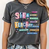 A 3x3 collage showing the same graphic T-shirt design worn by three models, each panel featuring a different base shirt color: off-white/cream, dusty pink, and charcoal gray. The shirts all display large decorative text and star graphics, with the center panel reading 'Heaven is my only Plan' and the surrounding panels including 'She is a Teacher' and 'Made for more' text.