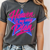 A 3x3 collage showing the same graphic T-shirt design worn by three models, each panel featuring a different base shirt color: off-white/cream, dusty pink, and charcoal gray. The shirts all display large decorative text and star graphics, with the center panel reading 'Heaven is my only Plan' and the surrounding panels including 'She is a Teacher' and 'Made for more' text.