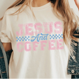A 3x3 collage showing nine different color and style options of a graphic t-shirt. The shirts feature phrases like 'ain't no ghost like the holy ghost' and 'JESUS Not Coffee' with various graphic designs, shown on models wearing jeans.