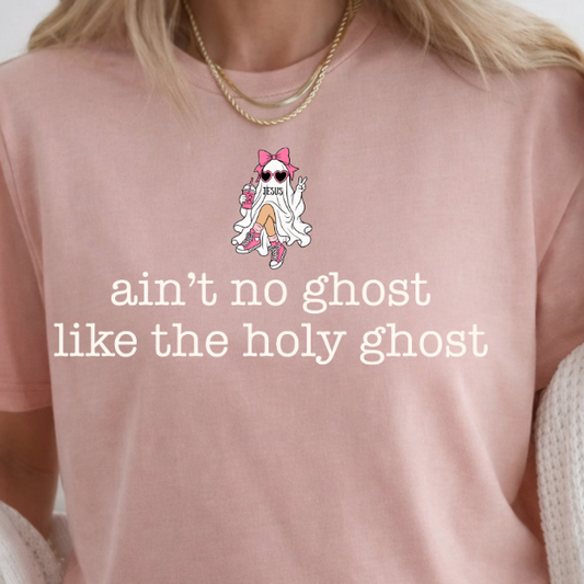 A 3x3 collage showing nine different color and style options of a graphic t-shirt. The shirts feature phrases like 'ain't no ghost like the holy ghost' and 'JESUS Not Coffee' with various graphic designs, shown on models wearing jeans.