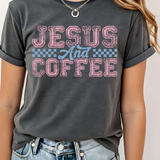 A 3x3 collage showing nine different color and style options of a graphic t-shirt. The shirts feature phrases like 'ain't no ghost like the holy ghost' and 'JESUS Not Coffee' with various graphic designs, shown on models wearing jeans.