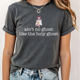 A 3x3 collage showing nine different color and style options of a graphic t-shirt. The shirts feature phrases like 'ain't no ghost like the holy ghost' and 'JESUS Not Coffee' with various graphic designs including a ghost, a leopard print 'GRACE', and a pink cross.