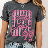A 3x3 grid showing nine different women's graphic t-shirt color options, featuring slogans like 'Coffee & Jesus', 'Life is Sweet BUTTER with Jesus', and 'SIMPLY Blessed'.