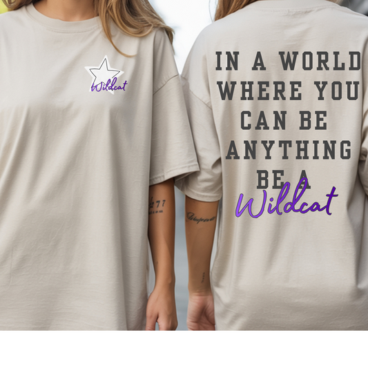 A woman modeling an oversized beige graphic T-shirt, shown from both the front and back. The front features a small white outlined star with purple script text reading 'Without'.