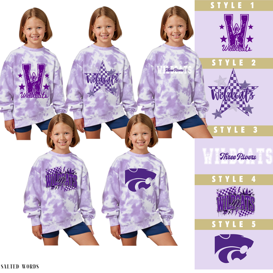 YOUTH Unisex THREE RIVERS Wildcats Tie Dye Fleece Crew 98379 - Salted Words, LLC