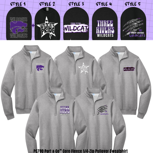 ADULT & YOUTH Athlectic Heather Gray Three Rivers Wildcats PC78Q Port & Co™ Core Fleece 1/4-Zip Pullover Sweatshirt