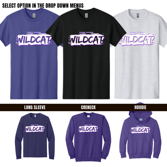 Adult Three Rivers Wildcats Spirit Wear Tshirt - Long Sleeve - Crewneck - Hoodie