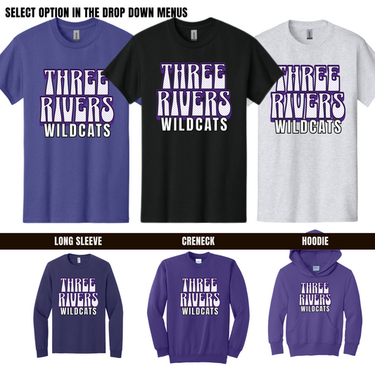 Adult Three Rivers Wildcats Spirit Wear Tshirt - Long Sleeve - Crewneck - Hoodie
