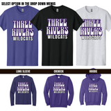 YOUTH Three Rivers Wildcats Spirit Wear Tshirt - Long Sleeve - Crewneck - Hoodie