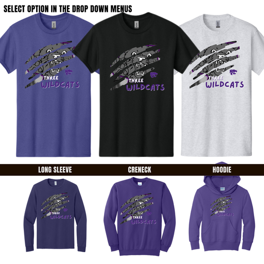 Adult Three Rivers Wildcats Spirit Wear Tshirt - Long Sleeve - Crewneck - Hoodie