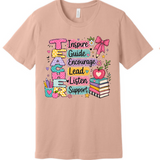 A 3x3 grid showing nine light peach-beige short-sleeve T-shirts, each with a different inspirational Bible verse or quote printed on the front in various colors and styles.