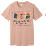 A 3x3 grid showing nine light peach-beige short-sleeve T-shirts, each with a different inspirational Bible verse or quote printed on the front in various colors and styles.