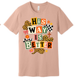 A 3x3 grid showing nine light peach-beige short-sleeve T-shirts, each with a different inspirational Bible verse or quote printed on the front in various colors and styles.