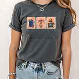 A 3x3 grid showing nine women modeling the same dark gray graphic T-shirt with different colorful text and design prints. The shirts feature phrases such as 'CHOSEN', 'TRUST', 'HIS NAVY IS BETTER', 'BIBLE PLANS HAVE TO BE RIGHT', 'PSALM 23 SHEEPHERD', and others with religious-themed graphics.