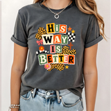 A 3x3 grid showing nine women modeling the same dark gray graphic T-shirt with different colorful text and design prints. The shirts feature phrases such as 'CHOSEN', 'TRUST', 'HIS NAVY IS BETTER', 'BIBLE PLANS HAVE TO BE RIGHT', 'PSALM 23 SHEEPHERD', and others with religious-themed graphics.