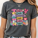 A 3x3 grid showing nine women modeling the same dark gray graphic T-shirt with different colorful text and design prints. The shirts feature phrases such as 'CHOSEN', 'TRUST', 'HIS NAVY IS BETTER', 'BIBLE PLANS HAVE TO BE RIGHT', 'PSALM 23 SHEEPHERD', and others with religious-themed graphics.
