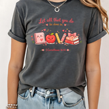 A 3x3 grid showing nine different colorful graphic t-shirts worn by a model. The shirts feature various teacher-themed designs including an apple with the word 'teach', a blue daisy pattern, a rainbow smiley face saying 'BELIEVE SUCCESSION MAKES A DIFFERENCE', a pink heart and book design, a pink and blue 'TEACH A MIDNIGHT' graphic, a rainbow lightning bolt, a patriotic 'TEACHER' design, the word 'teach' in pink script, and a gold glitter-style 'TEACH' graphic.