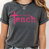 A 3x3 grid showing nine different colorful graphic t-shirts worn by a model. The shirts feature various teacher-themed designs including an apple with the word 'teach', a blue daisy pattern, a rainbow smiley face saying 'BELIEVE SUCCESSION MAKES A DIFFERENCE', a pink heart and book design, a pink and blue 'TEACH A MIDNIGHT' graphic, a rainbow lightning bolt, a patriotic 'TEACHER' design, the word 'teach' in pink script, and a gold glitter-style 'TEACH' graphic.
