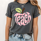 A 3x3 grid showing nine different colorful graphic t-shirts worn by a model. The shirts feature various teacher-themed designs including an apple with the word 'teach', a blue daisy pattern, a rainbow smiley face saying 'BELIEVE SUCCESSION MAKES A DIFFERENCE', a pink heart and book design, a pink and blue 'TEACH A MIDNIGHT' graphic, a rainbow lightning bolt, a patriotic 'TEACHER' design, the word 'teach' in pink script, and a gold glitter-style 'TEACH' graphic.