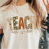 A 3x3 collage showing a woman wearing different colorful teacher-themed graphic t-shirts. The designs include a pink gingham apple, blue floral 'TEACHER' text, a rainbow subtraction quote, cartoon characters, a purple lightning bolt, a pink cross, and other decorative text prints.