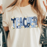 A 3x3 collage showing a woman wearing different colorful teacher-themed graphic t-shirts. The designs include a pink gingham apple, blue floral 'TEACHER' text, a rainbow subtraction quote, cartoon characters, a purple lightning bolt, a pink cross, and other decorative text prints.