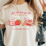 A 3x3 collage showing a woman wearing different colorful teacher-themed graphic t-shirts. The designs include a pink gingham apple, blue floral 'TEACHER' text, a rainbow subtraction quote, cartoon characters, a purple lightning bolt, a pink cross, and other decorative text prints.
