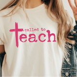 A 3x3 collage showing a woman wearing different colorful teacher-themed graphic t-shirts. The designs include a pink gingham apple, blue floral 'TEACHER' text, a rainbow subtraction quote, cartoon characters, a purple lightning bolt, a pink cross, and other decorative text prints.