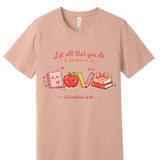 A 3x3 grid showing nine peach-colored short-sleeve t-shirts, each with a different colorful teacher-themed graphic design such as an apple, lightning bolt, and text slogans.