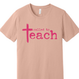 A 3x3 grid showing nine peach-colored short-sleeve t-shirts, each with a different colorful teacher-themed graphic design such as an apple, lightning bolt, and text slogans.