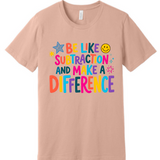 A 3x3 grid showing nine peach-colored short-sleeve t-shirts, each with a different colorful teacher-themed graphic design such as an apple, lightning bolt, and text slogans.