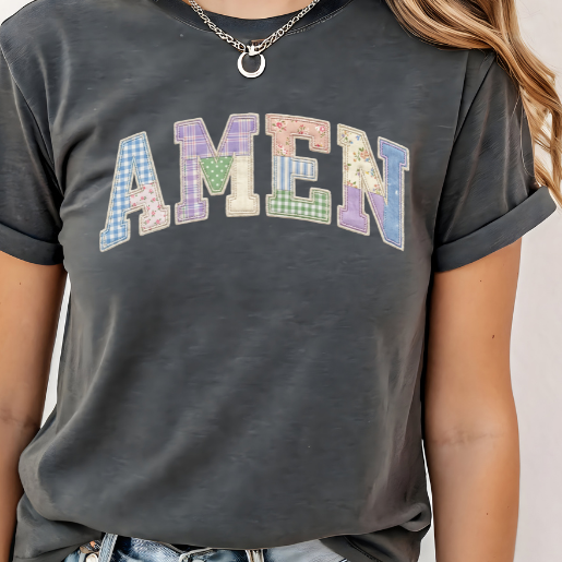 A 3x3 grid showing nine different dark gray graphic t-shirts modeled on a person. The shirts feature various colorful and white inspirational Christian-themed designs including 'HAPPY TO SEE YOUR FACE', 'TEACHER YOU ARE', 'AMEN TEACHERS', and 'JESUS'.