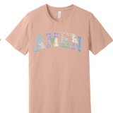 A 3x3 grid showing nine short-sleeve crew-neck T-shirts in a light peach-beige color, each with a different teacher-themed graphic print on the front, displayed against a plain white background.