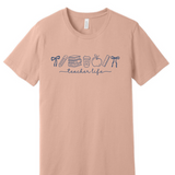 A 3x3 grid showing nine short-sleeve crew-neck T-shirts in a light peach-beige color, each with a different teacher-themed graphic print on the front, displayed against a plain white background.