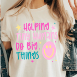 A 3x3 collage showing a woman wearing different colorful graphic T-shirts. Each shirt features a unique teacher-themed design, including quotes like 'HAPPY TO SEE YOUR FACE', 'Teaching is my joy', and 'TEACHER' with a bow, all paired with denim jackets.