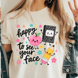 A 3x3 collage showing a woman wearing different colorful graphic T-shirts. Each shirt features a unique teacher-themed design, including quotes like 'HAPPY TO SEE YOUR FACE', 'Teaching is my joy', and 'TEACHER' with a bow, all paired with denim jackets.